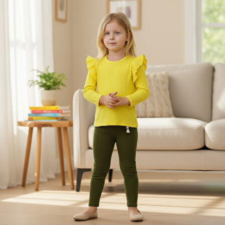 Omuzu Fırfırlı Kız Çocuk Taytlı Takım