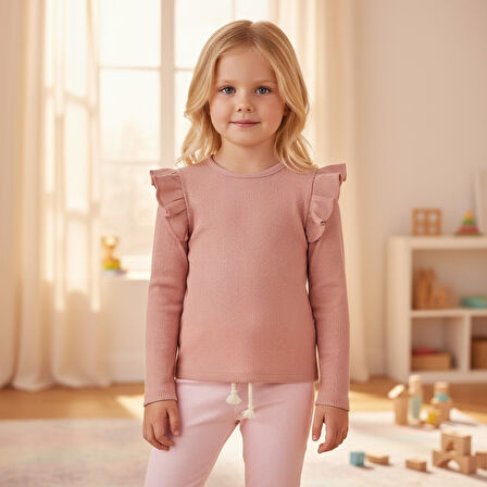 Omuzu Fırfırlı Kız Çocuk Taytlı Takım