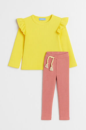 Omuzu Fırfırlı Kız Çocuk Taytlı Takım