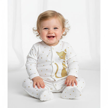 Kedi Desenli Kız Bebek Tulum