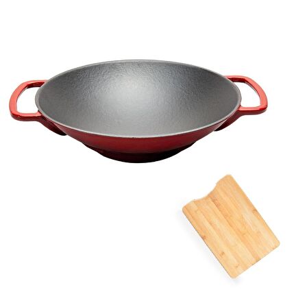 Demirdöküm Wok Tava Kavurma Tavası 35 CM Kırmızı Bambu Kesme Tahtası 