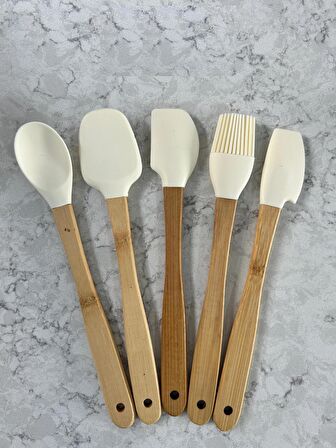 Bambu Saplı Silikon Sptalu Takımı 5 Parça Minimal Set Krem Renk