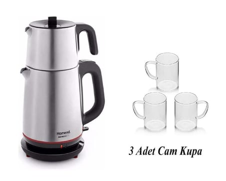 Altabi Çay Makinesi Çelik Demlikli Homend Çaycı 3 Adet İnce Cam Kupa