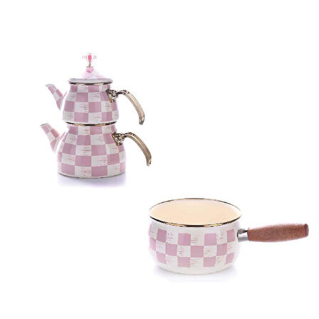 Dama Desenli Emaye Çaydanlık ve 14 CM Sos Tavası Pembe