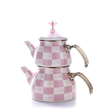Dama Desenli Emaye Çaydanlık ve 14 CM Sos Tavası Pembe
