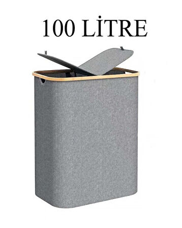 Katlanır Kumaş Kirli Çamaşır Sepeti 100 Litre Bambu Çerçeveli 2 Bölmeli
