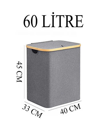 Kirli Çamaşır Sepeti 60 Litre Bambu Çerçeveli Sepet Katlanır Kumaş 