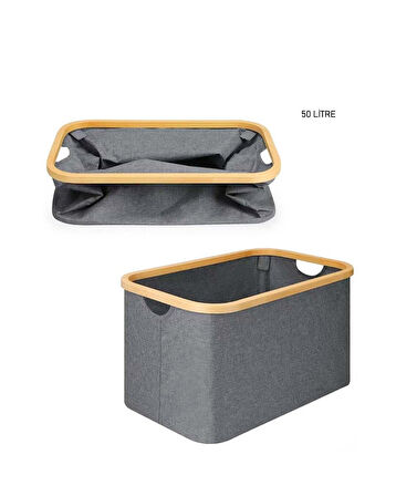 Çamaşır Selesi Organizer 50 Litre Bambu Çerçeveli Katlanır Kumaş Sepet