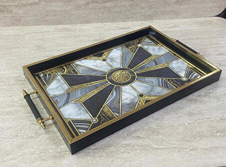 Dijital Baskılı Cam Servis Tepsisi – Modern Desenli, Metal Kulplu 42x29 cm