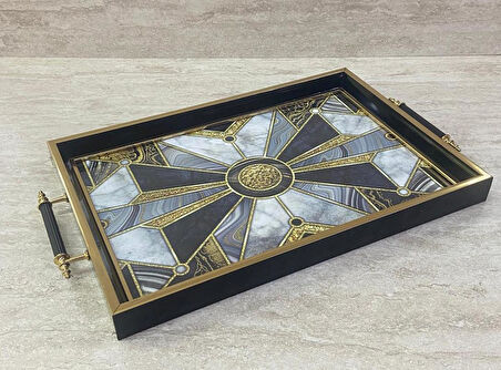 Dijital Baskılı Cam Servis Tepsisi – Modern Desenli, Metal Kulplu 42x29 cm