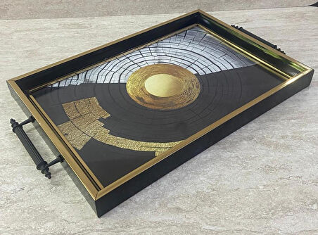 Dijital Baskılı Cam Servis Tepsisi – Modern Desenli, Metal Kulplu 42x29 cm