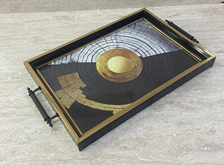 Dijital Baskılı Cam Servis Tepsisi – Modern Desenli, Metal Kulplu 42x29 cm