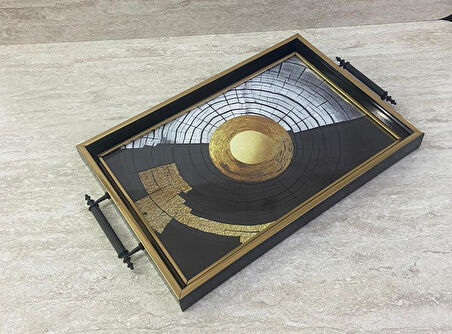 Dijital Baskılı Cam Servis Tepsisi – Modern Desenli, Metal Kulplu 42x29 cm