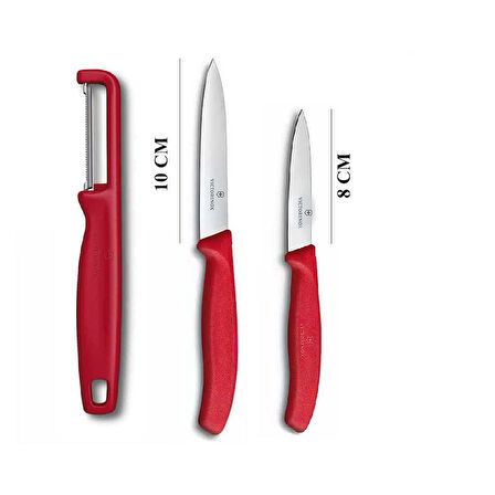 Victorinox Kırmızı Düz Soyma Bıçağı 8 CM - 10 CM ve Domates Sebze Soyacağı 3lü Set