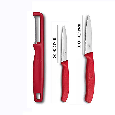 Victorinox Kırmızı Tırtıklı Soyma Bıçağı 8 CM - 10 CM ve Domates Sebze Soyacağı 3lü Set
