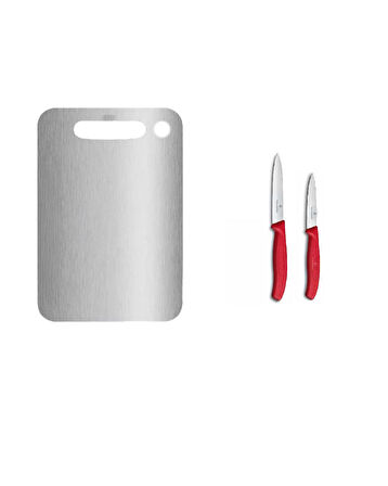 Çelik Kesim Panosu ve Victorinox Kırmızı Düz Soyma Bıçağı 2'li 8 CM ve 10 CM