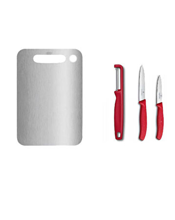 Çelik Kesme Tahstası ve Victorinox Kırmızı Düz Soyma Bıçağı 8 CM - 10 CM ve Domates Sebze Soyacağı 3lü Set