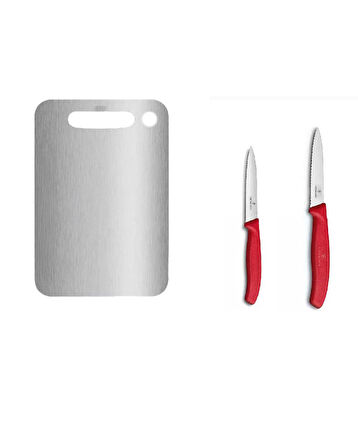 Çelik Kesim Panosu ve Victorinox Kırmızı Tırtıklı Soyma Bıçağı 2Li 8 CM - 10 CM