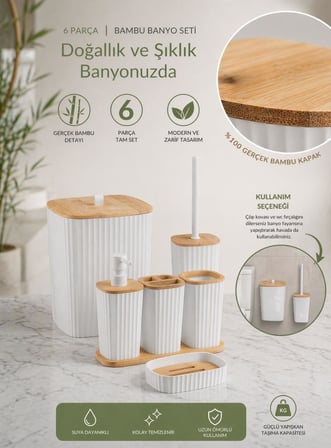 Safir Beyaz Bambulu Çizgili Banyo Seti 6 Parça Plastik