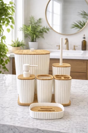 Safir Beyaz Bambulu Çizgili Banyo Seti 6 Parça Plastik