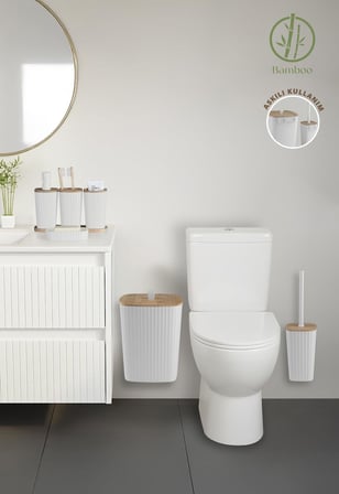 Safir Beyaz Bambulu Çizgili Banyo Seti 6 Parça Plastik