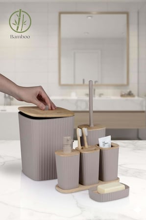 Safir Vizon Bambulu Çizgili Banyo Seti 6 Parça Plastik
