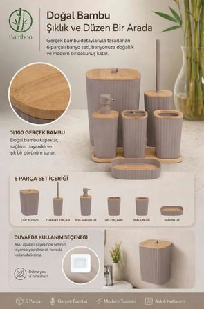 Safir Vizon Bambulu Çizgili Banyo Seti 6 Parça Plastik