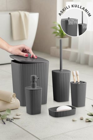 Safir Antrasit Çizgili Banyo Seti 5 Parça Plastik