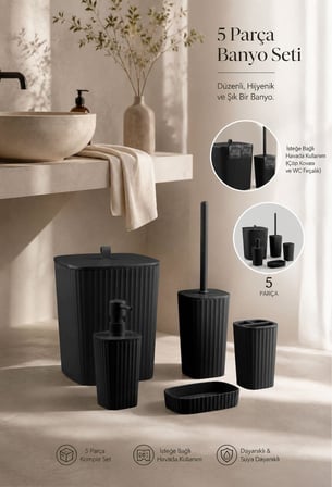 Safir Siyah Çizgili Banyo Seti 5 Parça Plastik