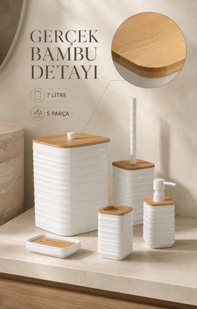 Luna Beyaz Bambulu Banyo Seti 5 Parça Plastik