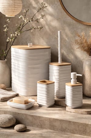 Luna Beyaz Bambulu Banyo Seti 5 Parça Plastik