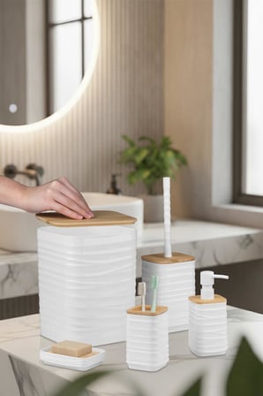 Luna Beyaz Bambulu Banyo Seti 5 Parça Plastik