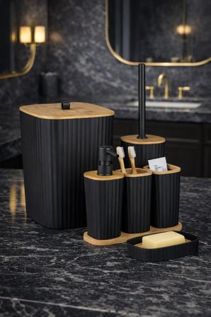 Safir Siyah Bambulu Çizgili Banyo Seti 6 Parça Plastik