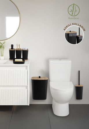 Safir Siyah Bambulu Çizgili Banyo Seti 6 Parça Plastik