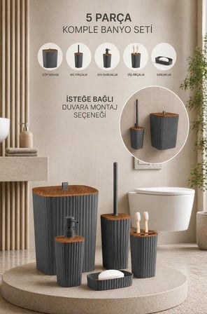 Safir Antrasit Ahşap Desenli Çizgili Banyo Seti 5 Parça Plastik