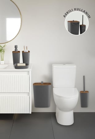 Safir Antrasit Ahşap Desenli Çizgili Banyo Seti 5 Parça Plastik