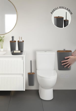 Safir Antrasit Ahşap Desenli Çizgili Banyo Seti 5 Parça Plastik