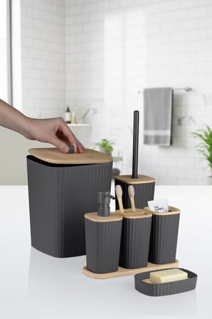 Safir Antrasit Bambulu Çizgili Banyo Seti 6 Parça Plastik
