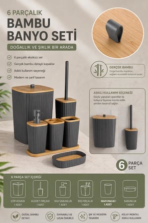 Safir Antrasit Bambulu Çizgili Banyo Seti 6 Parça Plastik