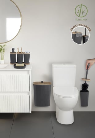 Safir Antrasit Bambulu Çizgili Banyo Seti 6 Parça Plastik