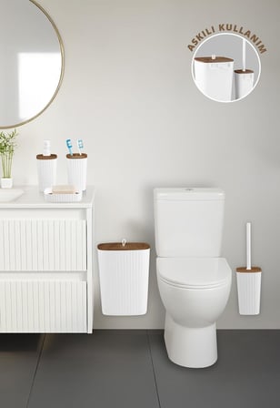 Safir Beyaz Ahşap Desenli Çizgili Banyo Seti 5 Parça Plastik