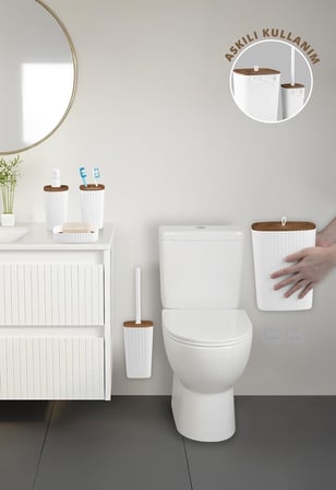 Safir Beyaz Ahşap Desenli Çizgili Banyo Seti 5 Parça Plastik