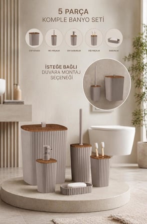 Safir Vizon Ahşap Desenli Çizgili Banyo Seti 5 Parça Plastik