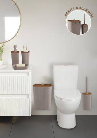 Safir Vizon Ahşap Desenli Çizgili Banyo Seti 5 Parça Plastik