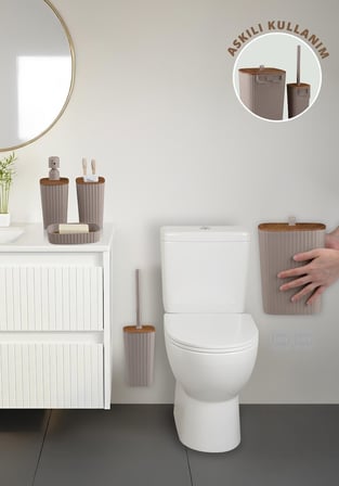 Safir Vizon Ahşap Desenli Çizgili Banyo Seti 5 Parça Plastik