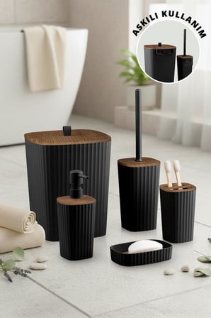 Safir Siyah Ahşap Desenli Çizgili Banyo Seti 5 Parça Plastik