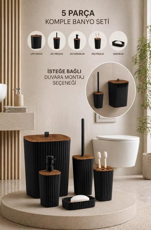 Safir Siyah Ahşap Desenli Çizgili Banyo Seti 5 Parça Plastik