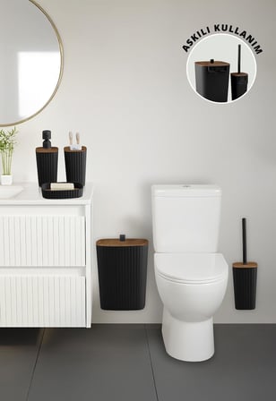 Safir Siyah Ahşap Desenli Çizgili Banyo Seti 5 Parça Plastik