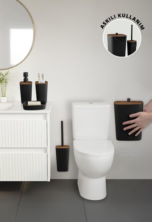 Safir Siyah Ahşap Desenli Çizgili Banyo Seti 5 Parça Plastik