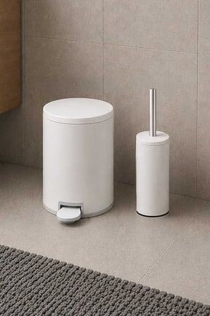 Cigo 2li Banyo Seti Çelik Çöp Kovası Tuvalet Fırçası 3 Litre Beyaz Metal